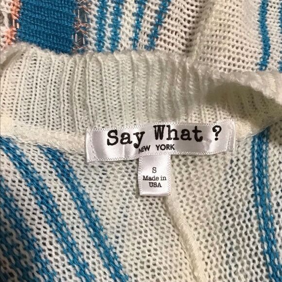 Say What? Open Front Boho Blue and White Striped Knit Cardigan Vest S - Picture 7 of 8